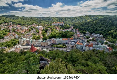 KARLOVY VARY, CZECH REPUBLIC - July 1, 2020: Panorama showing most of the spa and historic section of Karlovy Vary