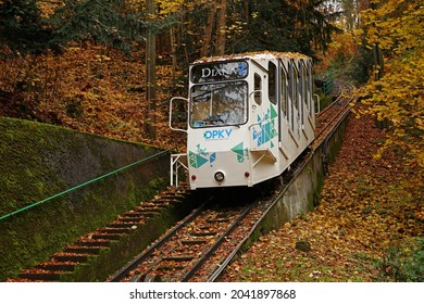 Karlovy Vary, Czech Republic - October 31 2020: Diana funical railway, tourist attraction in Karloy Vary historic spa town