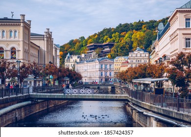 Karlovy Vary, Czech Republic - September 30, 2017: World-famous for its mineral springs, the town of Karlovy Vary (Karlsbad) was founded by Charles IV in the mid-14th century.