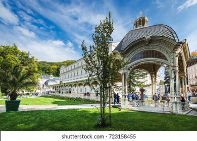Karlovy Vary, Czech Republic- September 23, 2017: People are visiting Park Colonnade in the Dvorak Park in Karlovy Vary, Czech Republic