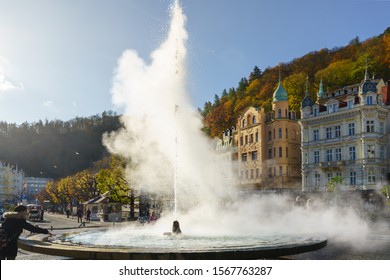 KARLOVY VARY (KARLSBAD)/CZECH REPUBLIC-OCTOBER,28,2019:Viřídelní Hot Spring Colonnade is one of the five main colonnades in  Karlovy Vary
