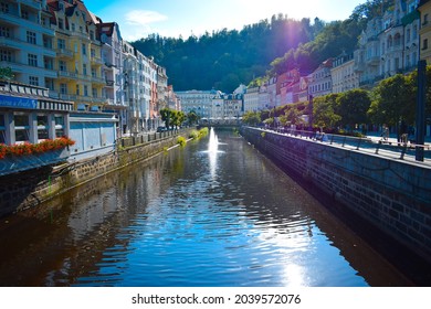 KARLOVY VARY – September 10, 2021: Beautiful streets and buildings of Karlovy Vary, Carlsbad, Czech Republic. 