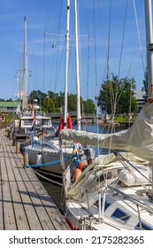 Karlsborg, Sweden, July, 2017, Sailboats At A Jetty In Göta Canal At Sweden