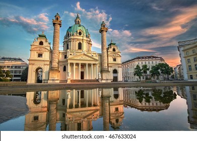 Karlskirche in Vienna, Austria at Sunset. St. Charles's Church
