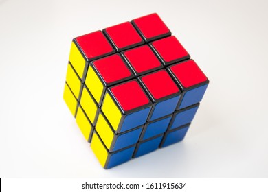 Karlsruhe, Germany on December 8, 2017: Solved Rubik's Cube 3D puzzle for brain exercise and successful strategies