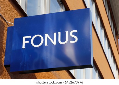 Karlstad, Sweden - July 13, 2019: Close-up Of The Fonus Funeral Home Sign.