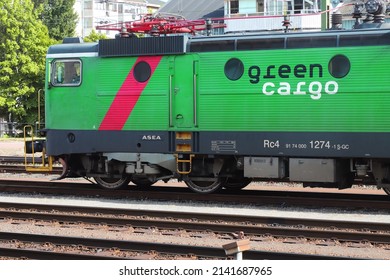 Karlstad, Sweden - June 30, 2021: Swedish Freight Train Operator Green Cargo Electric Locomotice Class Rc4.