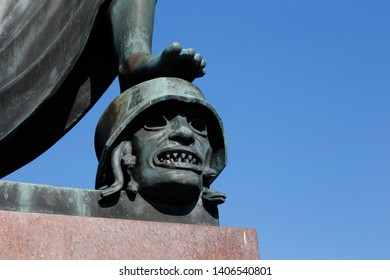 Karlstad, Sweden - May 22, 2019: Detail Of The Peace Monument Erected 1955  In Remembrance Of The Union Dissolution Between Sweden And Norway In 1905 By Ivar Johnsson, Located At The Town Square.