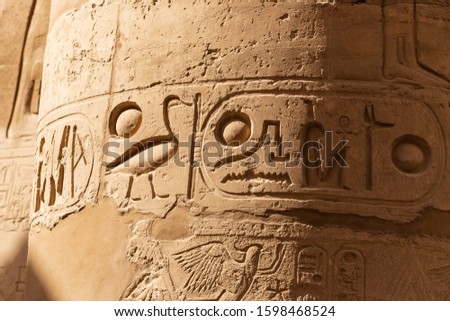 Karnak Temple, complex of Amun-Re. Embossed hieroglyphics on columns. Great Hypostyle Hall. Luxor Governorate, Egypt.