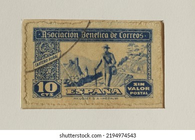 Karnal, Haryana, India -August 27th, 2022-Closeup Of A Commemorative Postal Stamp Of Spain Depicting  Rural Postman.