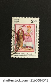 Karnal, Haryana, India -May 22, 2022-Closeup of a commemorative postal stamp of India depicting  Commonwealth  Heads of Government Meeting-A Goanese Couple of early 19th  century.