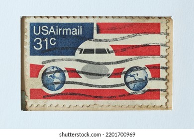 Karnal, Haryana, India -September 13th, 2022-Closeup Of A Commemorative Postal Stamp Of USA Depicting US Airmail.