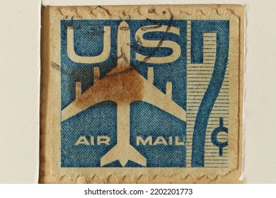 Karnal, Haryana, India -September 13th, 2022-Closeup Of A Commemorative Postal Stamp Of USA Depicting US Airmail.