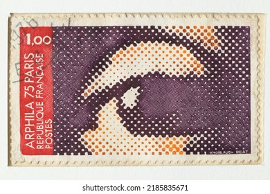 Karnal, Haryana, India-August 2nd, 2022-Closeup Of A Commemorative Postal Stamp Of France Depicting ARPHILA 75 Paris.