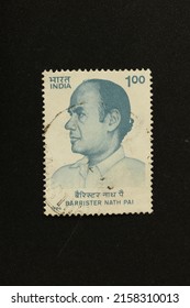 Karnal, Haryana, India-May 17th, 2022-Closeup of a commemorative postal stamp of India depicting Barrister Nath Pai.