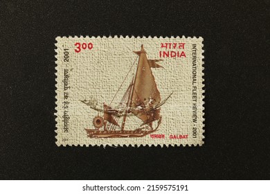 Karnal, Haryana, India-May 22, 2022-Closeup of a commemorative postal stamp of India depicting International Fleet Review 2001-Galbat.