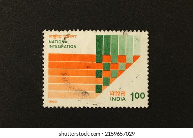 Karnal, Haryana, India-May 22, 2022-Closeup of a commemorative postal stamp of India depicting National Integration.