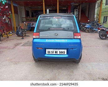 Karnataka, India - January 2022 : Mahindra ETo Electric Car Standing On The Restaurant Parking Lot