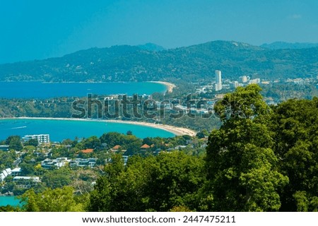 Karon viewpoint showing the landscape of Karon Beach, Kata Beach and Kata Noi in Phuket, Thailand. You can see the beautiful coastal basin and the surrounding buildings from a distance