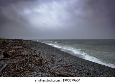 Karoro Beach, From The Southern Breakwater Greymouth, New Zealand. Shot On A Stormy Day.