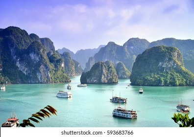 Karst landforms in the sea, the world natural heritage - halong bay - Shutterstock ID 593683766