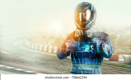 Kart crossing the finish line racer. helmet. effects - Shutterstock ID 738662194