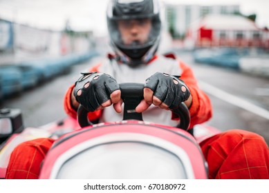 Karting Race, Go Cart Driver In Helmet