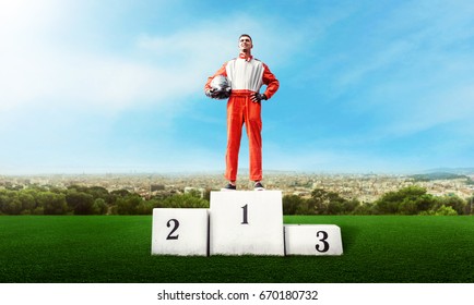 Karting Racer On Winner Podium Go Kart Competition