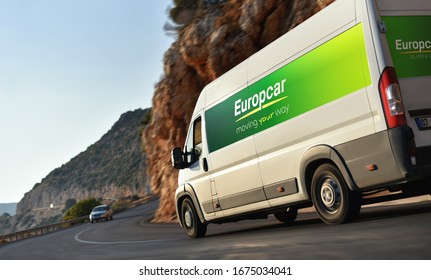 Kas / Turkey - 10.08.18: Van of Europcar - rental car service which speeding by countryside