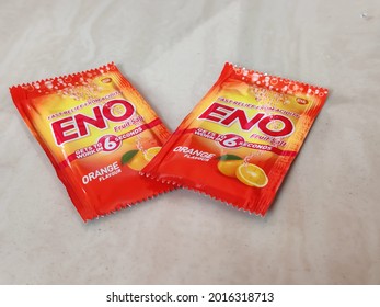 Kasaragod,Kerala,India- July 27 2021 ENO Fruit Salt Packets ( A Medicine For Fast Relief From Acidity)isolated On The Surface Closeup Shot