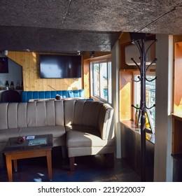 Kasauli, Himachal Pradesh, India, May 15,2022 - Early Morning View Of Modern Hangout Rooftop Restaurant At Kasauli, Himachal Pradesh In India, Inside View Of Open Air Restaurant In Kasauli