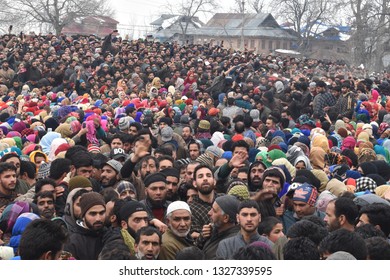 Kashmiri Muslims Attend The Funeral Prayers Of A Slain Militant Hilal Wani At Munchew Village Of Yaripora Area Of Southern Kashmir's Kulgam District On 13 February 2019. He Was Killed With In Budgam.