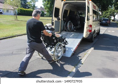 Kassel, Hessen, Germany - 08.27.2019: Transport of disabled person. Medical transport.
