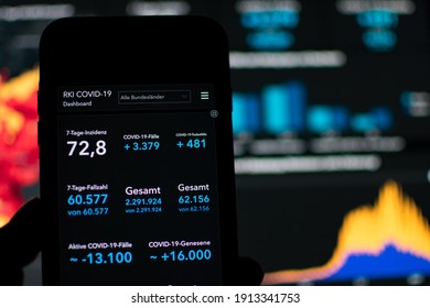 Kassel, Hessen Germany - February 9, 2021: Robert Koch Institute: COVID-19. Coronavirus In Germany Covid 19 Dashboard Of The Robert Koch Institute. Incidence 72.8.