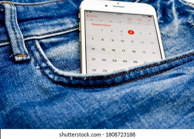 Kassel, Hessen / Germany - September 4, 2020: Calender Application Icon On Apple IPhone X Smartphone Screen Close-up In Jeans Pocket. Calender App