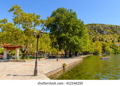 KASTORIA, GREECE - APR 21, 2016: Shore of the Lake Orestiada in Kastoria, West Macedonia, Greece.  The town is known for its many Byzantine churches, Ottoman-era architecture - Shutterstock ID 412146250