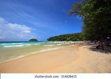 Kata Beach on a sunny day with blue sky on a tropical Island in Thailand