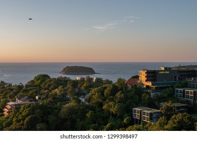 KATA BEACH PHUKET / THAILAND 28TH of DECEMBER 2019: Small Drone flying over Kata Beach seen from "After the Beach Bar", for Editorial Use Only 
