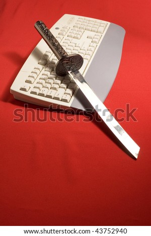 Katane and keyboards on red background