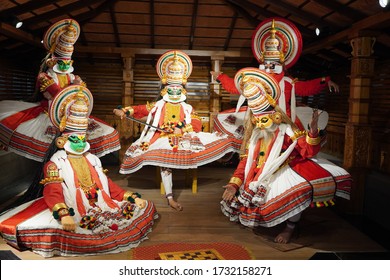 Kathakali performers during the traditional kathakali dance of Kerala's state in India. It is a major form of classical Indian dance related to Hindu performance Malayalam-speaking region of Kerala. - Shutterstock ID 1732158271