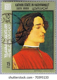 KATHIRI STATE IN HADHRAMAUT - CIRCA 1967: A Stamp Printed In Kathiri State In Hadhramaut Shows Painting Of Sandro Botticelli - Portrait Of Giuliano De Medici, Series, Circa 1967