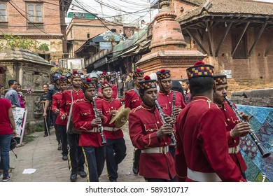 Kathmandu, Nepal - 13 April, 2014: The Nepalese Military Orchestra performing live music on the streets of Kathmandu, during the Nepalese New Year Festival.