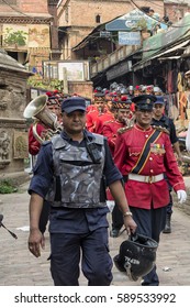 Kathmandu, Nepal - April 13, 2016: The Nepalese Military Orchestra performing live music on the streets of Kathmandu, during the Nepalese New Year Festival.