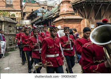 Kathmandu, Nepal - April 13, 2016: The Nepalese Military Orchestra performing live music on the streets of Kathmandu, during the Nepalese New Year Festival.