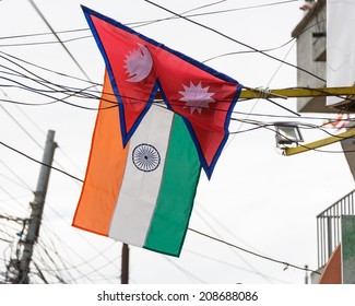 KATHMANDU, NEPAL - AUGUST 3, 2014: Nepalese And Indian Flags In The Street Of Kathmandu For Indian Prime Minister Narendra Modi 2-day Official Nepal Visit.