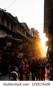 KATHMANDU, NEPAL - DEC 10, 2018: Street Of Thamel - A Commercial Neighborhood In Kathmandu, The Capital Of Nepal Has Been The Centre Of The Tourist Industry For Over Four Decades.