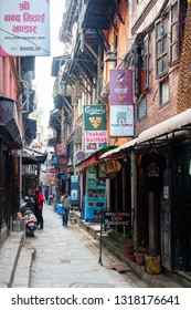 KATHMANDU, NEPAL - DEC 10, 2018: Street Of Thamel - A Commercial Neighborhood In Kathmandu, The Capital Of Nepal Has Been The Centre Of The Tourist Industry For Over Four Decades.