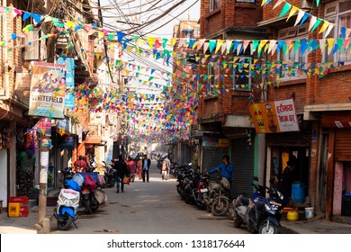 KATHMANDU, NEPAL - DEC 10, 2018: Street Of Thamel - A Commercial Neighborhood In Kathmandu, The Capital Of Nepal Has Been The Centre Of The Tourist Industry For Over Four Decades.