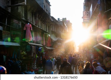 KATHMANDU, NEPAL - DEC 10, 2018: Street Of Thamel - A Commercial Neighborhood In Kathmandu, The Capital Of Nepal Has Been The Centre Of The Tourist Industry For Over Four Decades.