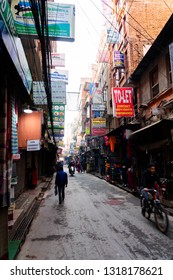 KATHMANDU, NEPAL - DEC 10, 2018: Street Of Thamel - A Commercial Neighborhood In Kathmandu, The Capital Of Nepal Has Been The Centre Of The Tourist Industry For Over Four Decades.